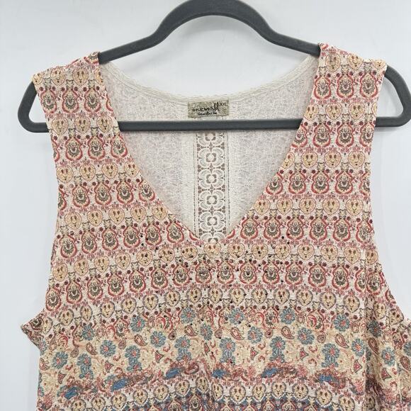 One World Boho Print Asymmetrical Hem Dress Size XXL Brown V-Neck Midi Beachy - Picture 2 of 12